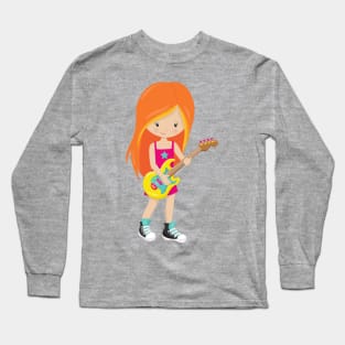 Rock Girl, Orange Hair, Guitar Player, Band, Music Long Sleeve T-Shirt